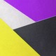 Vibrant geometric composition with yellow, purple, black, and white paper textures.
